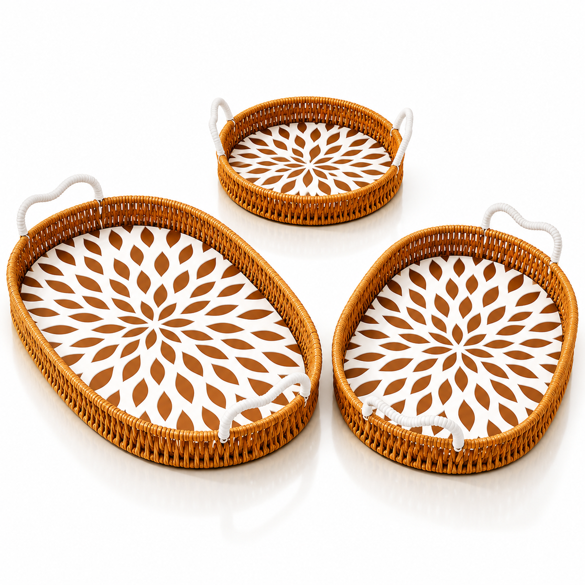 3-Piece Woven Serving Tray Set with Floral Pattern - Oval