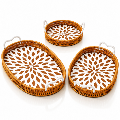 3-Piece Woven Serving Tray Set with Floral Pattern - Oval