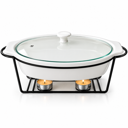 Brilliant 12-Inch Oval Ceramic Chafing Dish with Metal Candle Stand