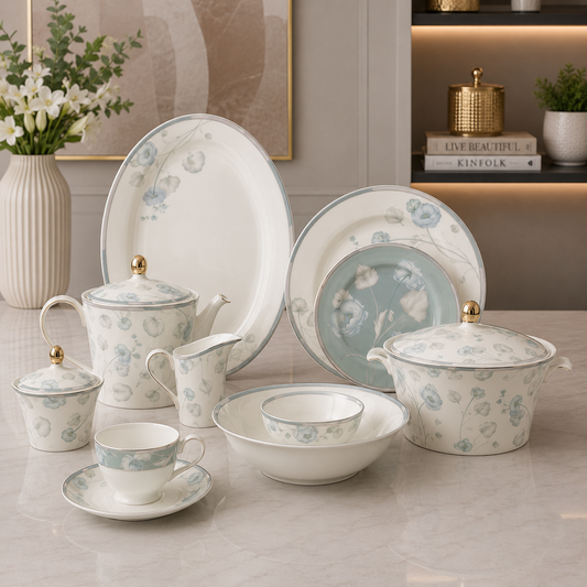 Azure Rose Elegance Porcelain Dinner Set – 61 Pieces