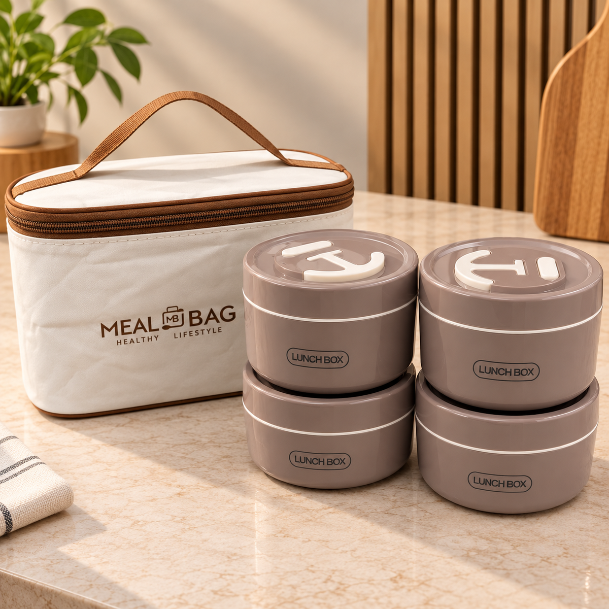 Premium 4 Pcs Round Stackable Lunch Box Set with Insulated Carry Bag – Taupe Brown