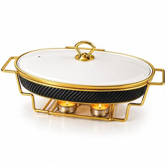 Brilliant 14.5-Inch Oval Ceramic Chafing Dish with Gold Metal Candle Stand