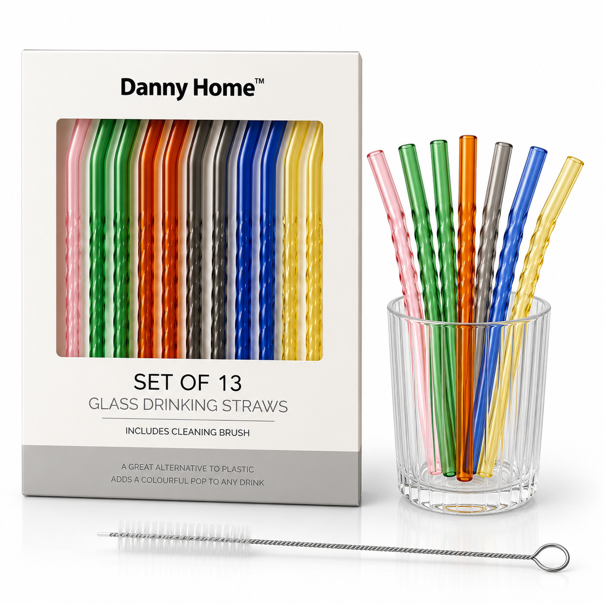 Danny Home 13Pcs Glass Drinking Straw Set – 20cm (Bent Straws)