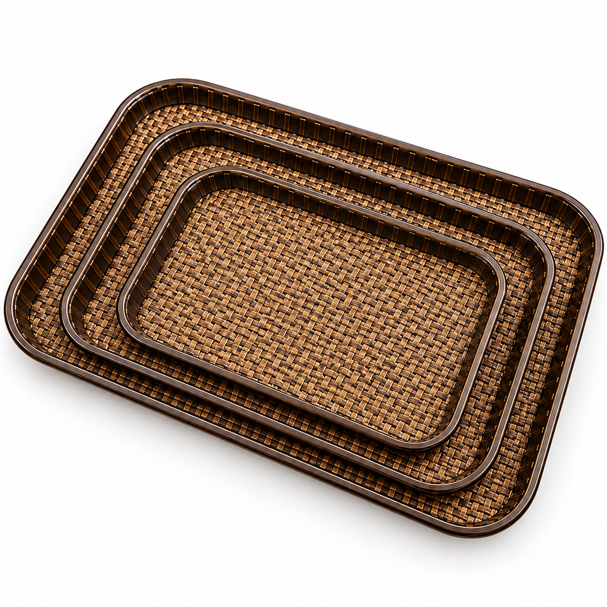 3 Pcs Premium Woven Rattan Style Serving Tray Set – Brown