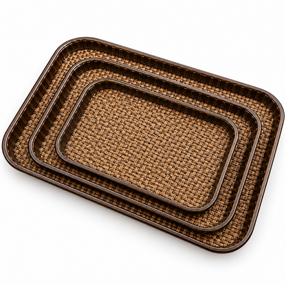 3 Pcs Premium Woven Rattan Style Serving Tray Set – Brown