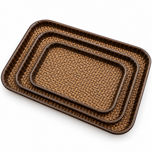 3 Pcs Premium Woven Rattan Style Serving Tray Set – Brown