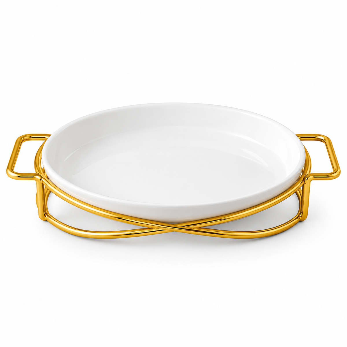 Brilliant 12-Inch Oval Ceramic Serving Dish with Gold Metal Stand