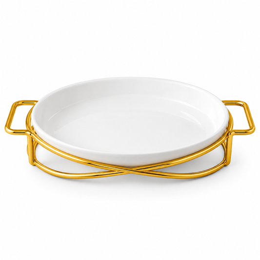 Brilliant 12-Inch Oval Ceramic Serving Dish with Gold Metal Stand