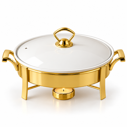 Brilliant Golden Round Chafing Dish with Candle Stand
