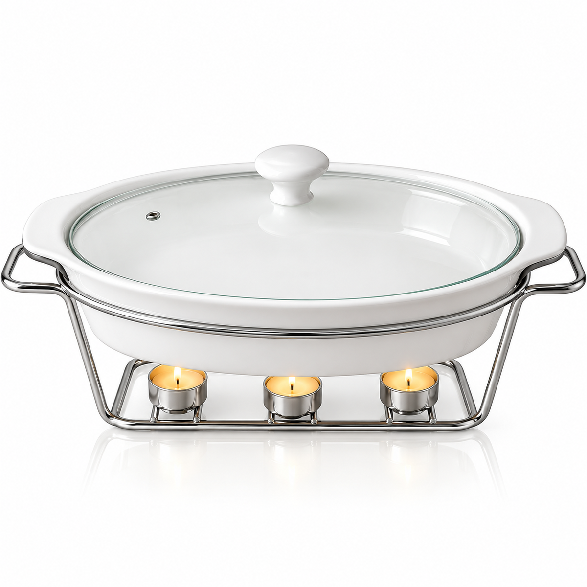 Brilliant 15-Inch Oval Ceramic Chafing Dish with Metal Candle Stand