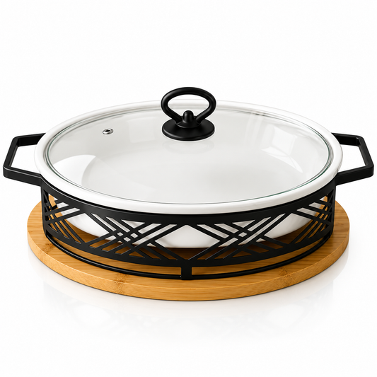 Brilliant 16-Inch Dual Oval Ceramic Chafing Dish Set with Metal Candle Stand