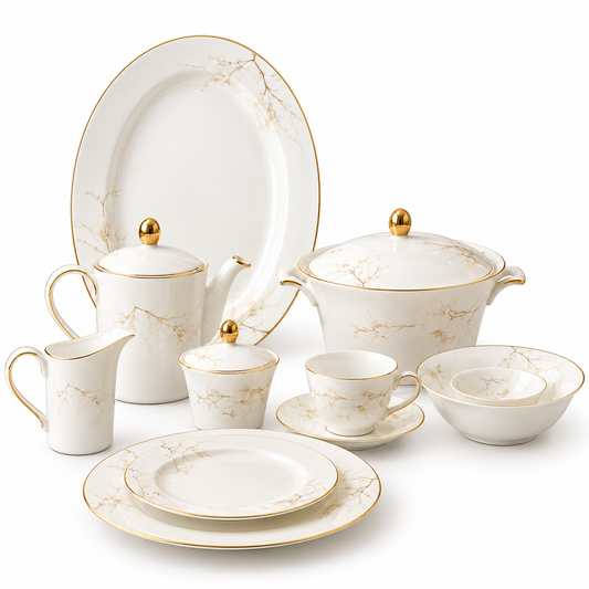 Ivory Marble Luxe Porcelain Dinner Set – 61 Pieces