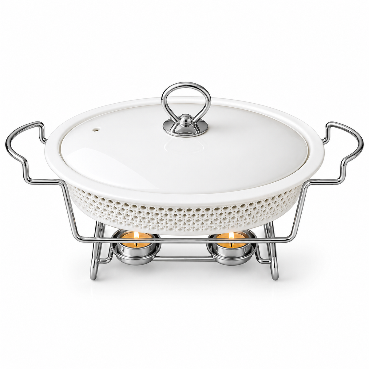 Brilliant 16-Inch Oval Ceramic Chafing Dish with Metal Candle Stand