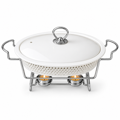 Brilliant 16-Inch Oval Ceramic Chafing Dish with Metal Candle Stand