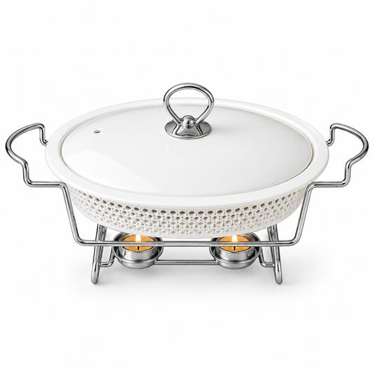 Brilliant 16-Inch Oval Ceramic Chafing Dish with Metal Candle Stand