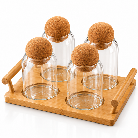 Nordic Ball Top 4-Piece Glass Jar Set with Bamboo Stand
