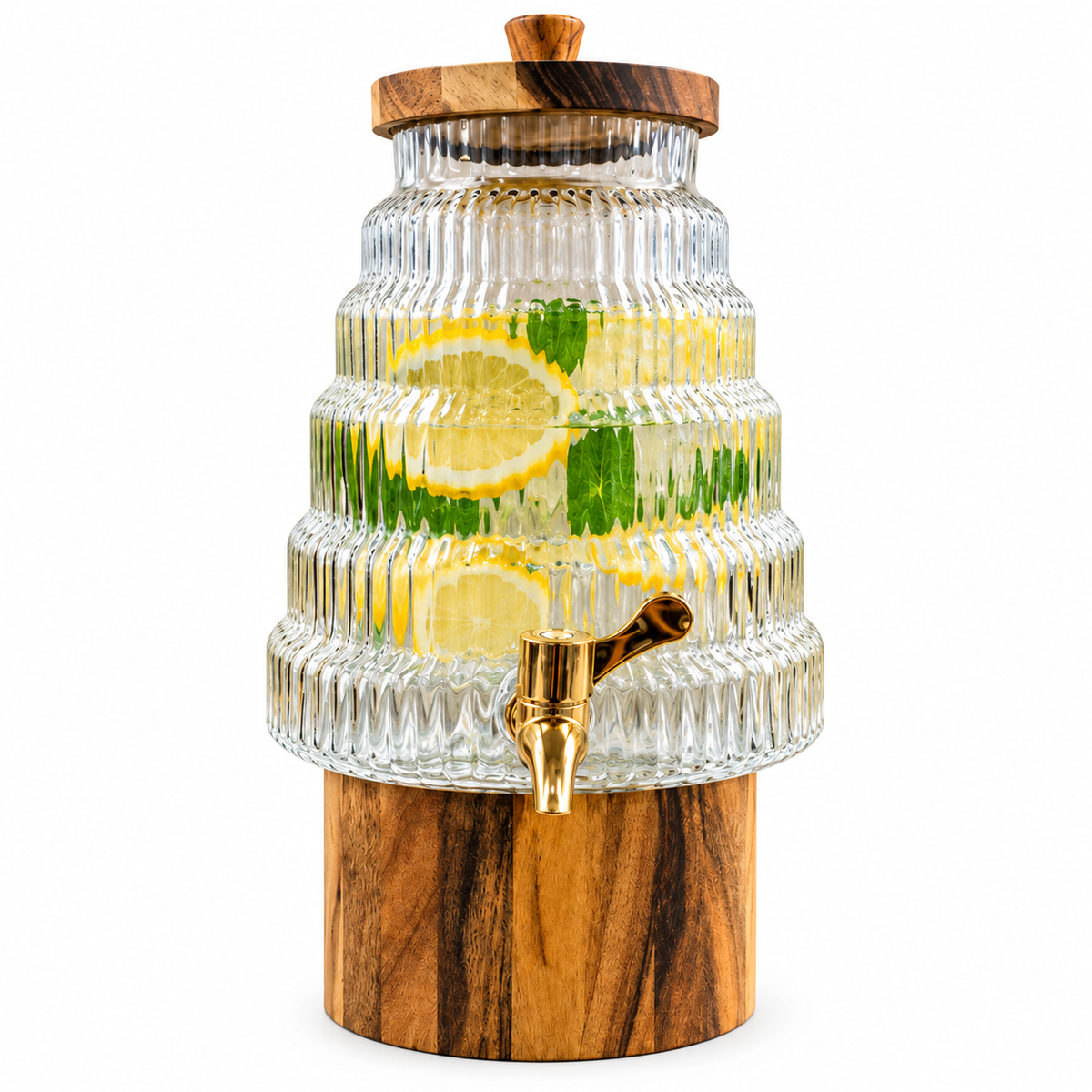 Premium Tiered Ribbed Glass Beverage Dispenser with Wooden Stand