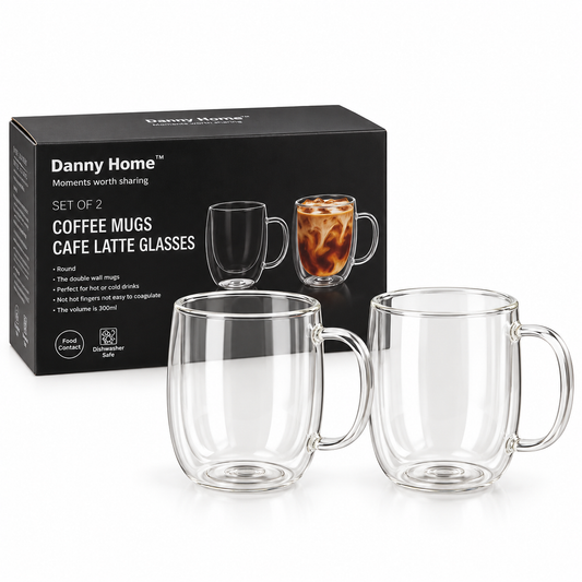 Danny Home Double Walled Glass Mug with Handle 300ml - 2Pcs Set