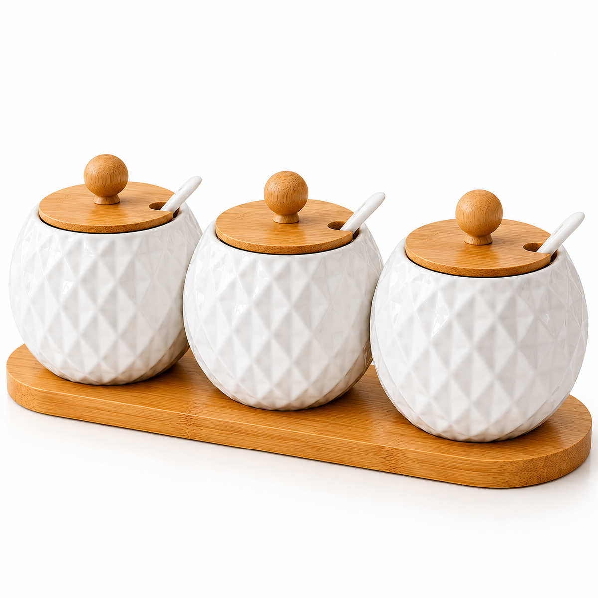 Premium 3-Pcs Ceramic Spice & Chutney Jar Set with Bamboo Tray