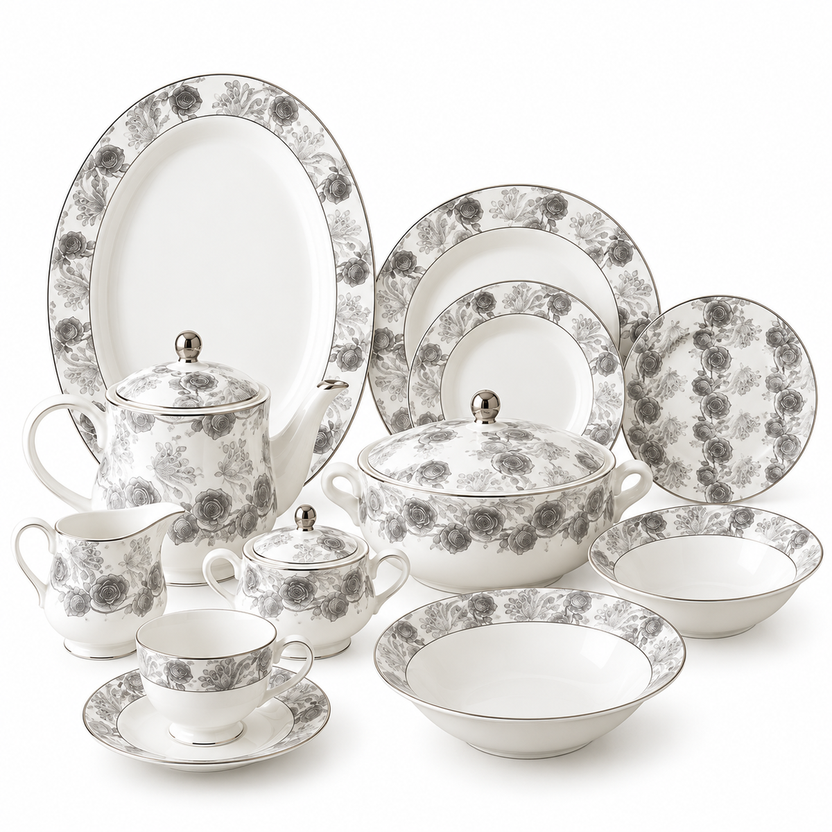Regal Silver Blossom Porcelain Dinner Set – 61 Pieces