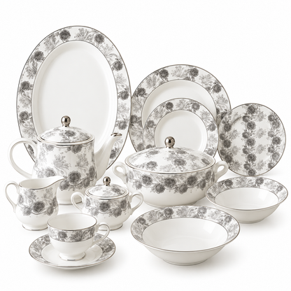 Regal Silver Blossom Porcelain Dinner Set – 61 Pieces