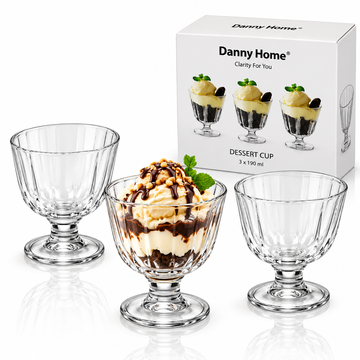 Danny Home Glass Dessert Cup Set – 190ml (3 Pcs)