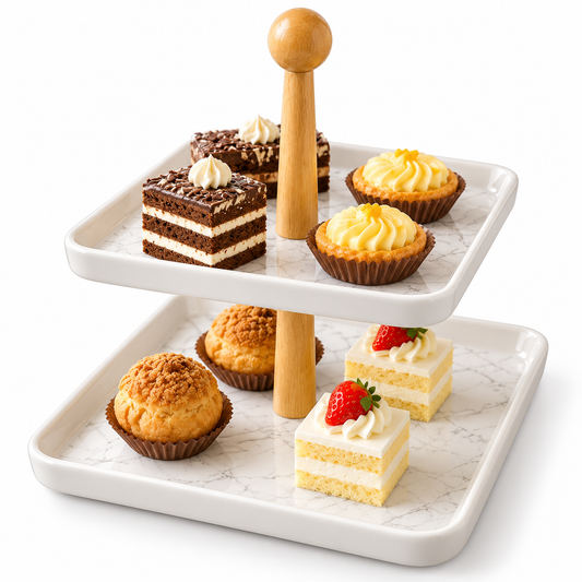 Two-Tier White Serving Tray with Wooden Stand