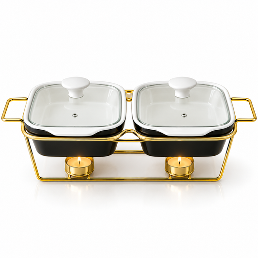 Brilliant Twin 11-Inch Rectangular Ceramic Chafing Dish with Glass Lids & Metal Candle Stand