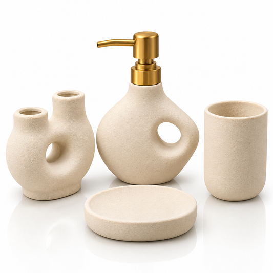 4-Piece Modern Sculptural Ceramic Bathroom Accessories Set – Ivory White