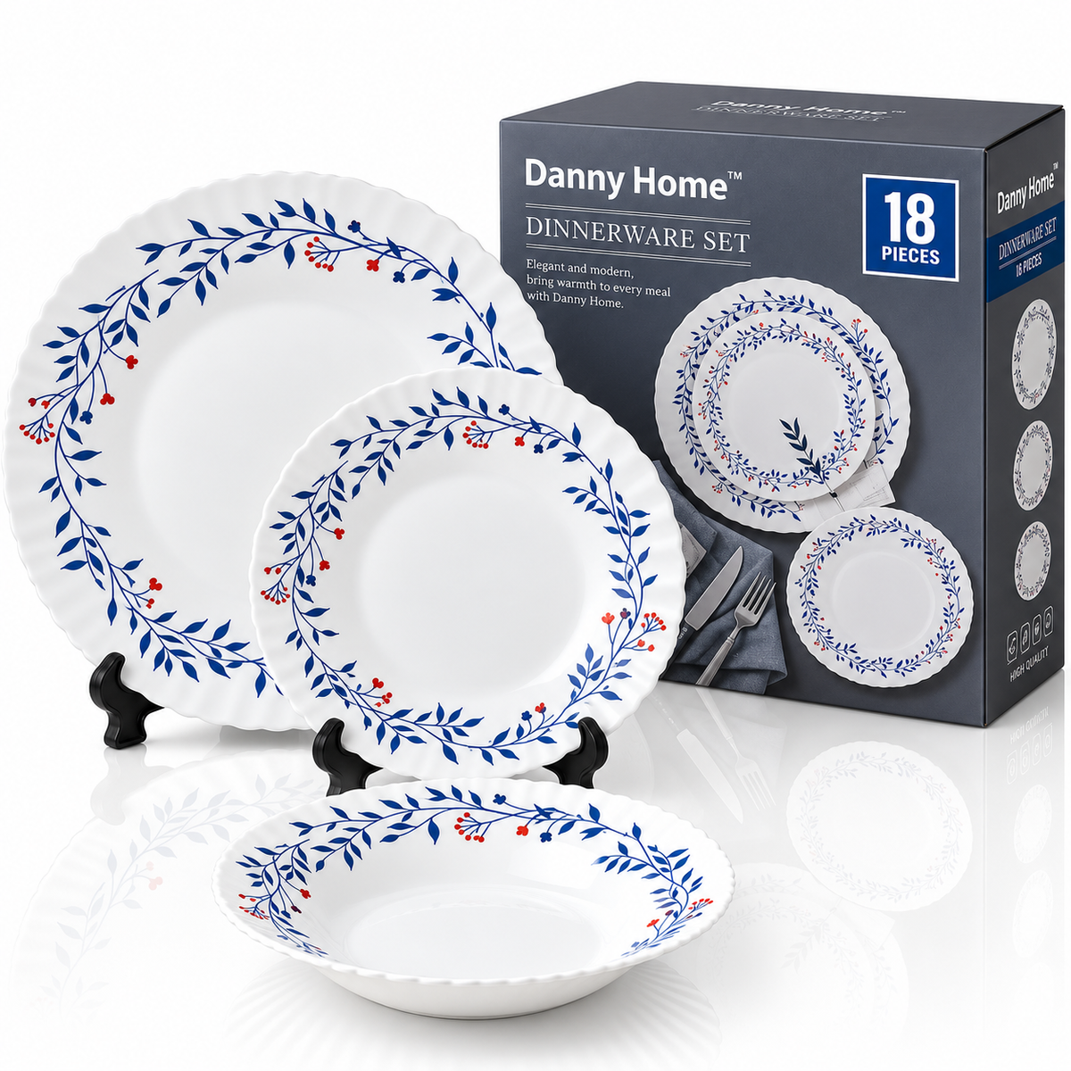 Danny Home 18 Pcs Blue Botanical Dinnerware Set