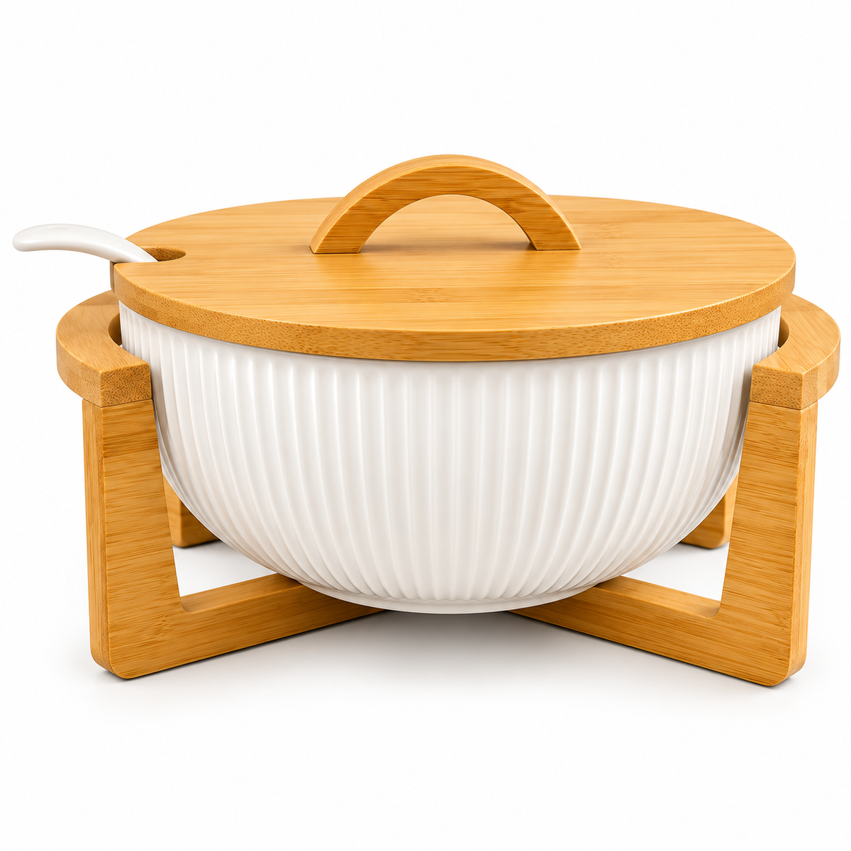 Ceramic Ribbed Serving Bowl with Bamboo Lid & Wooden Stand