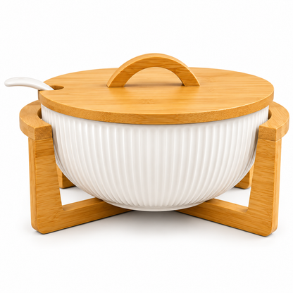 Ceramic Ribbed Serving Bowl with Bamboo Lid & Wooden Stand