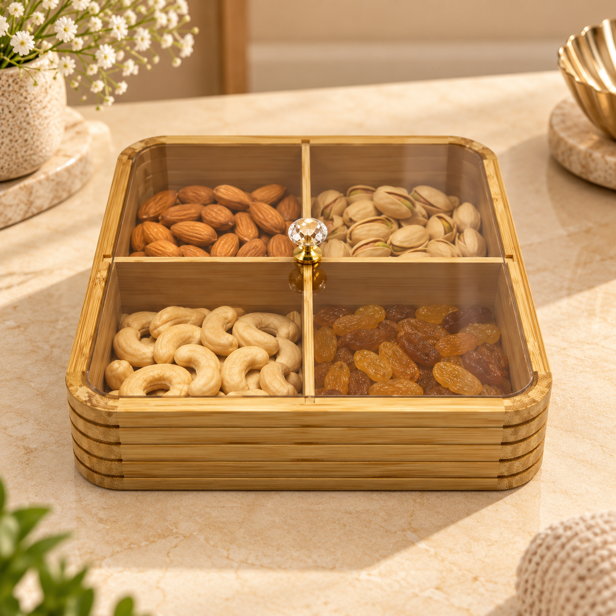 Premium Bamboo Dry Fruit Box with Plastic Lid – 4 Compartments | Natural
