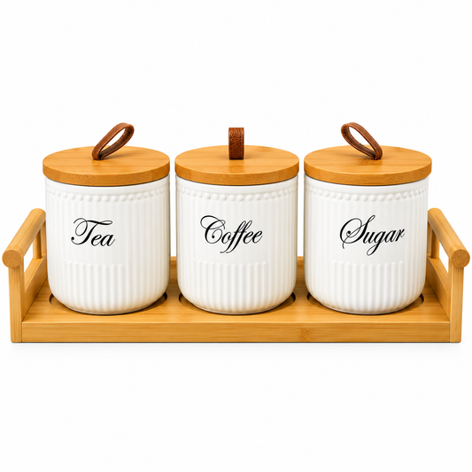 Elegant 3-Piece Ceramic Tea, Coffee & Sugar Canister Set with Wooden Tray
