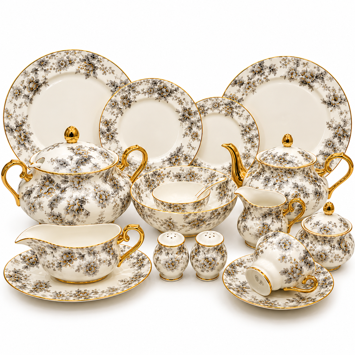 Royal Albert 75 Pcs Dinner Set – Premium Grey Blossom Bone China Collection
