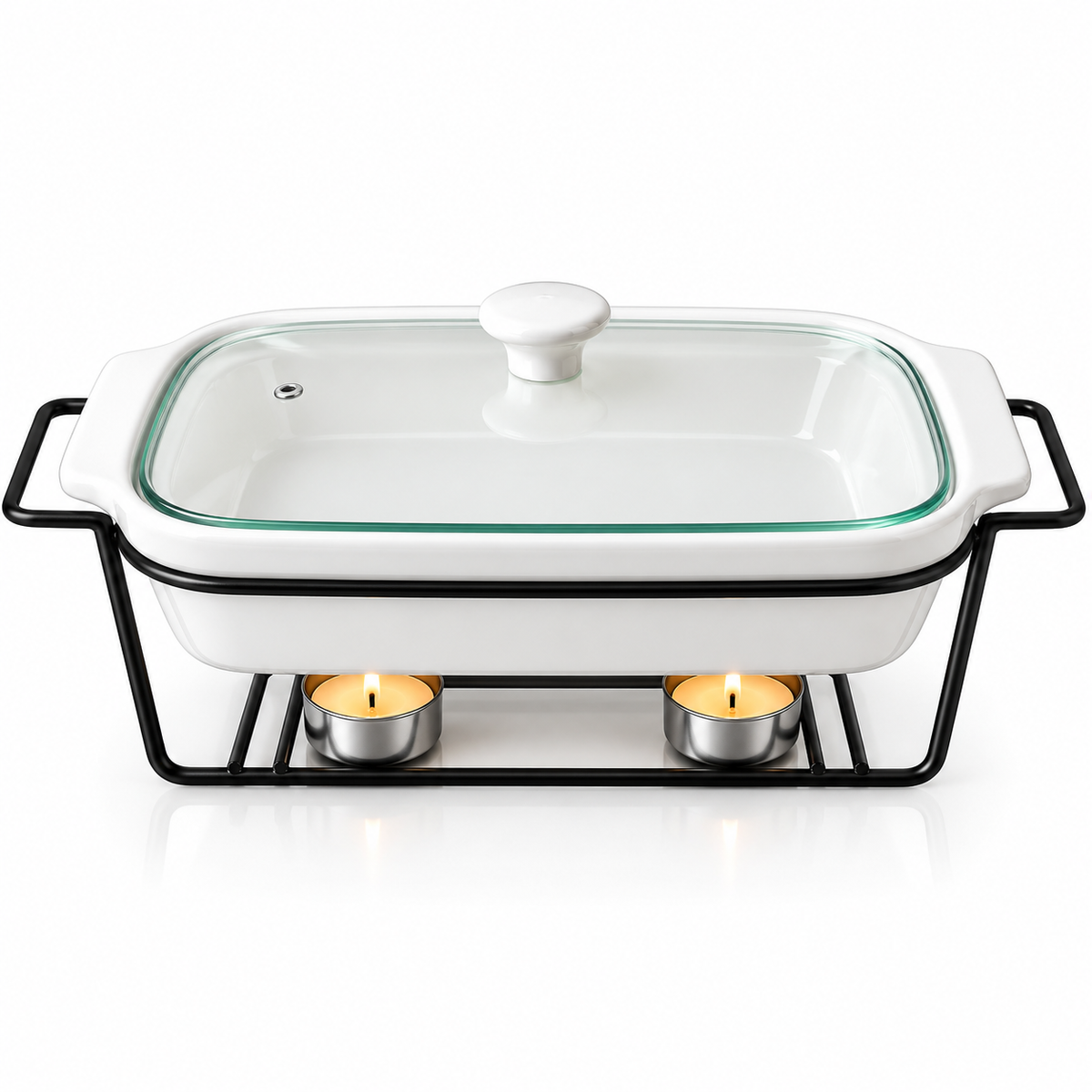 Brilliant 12-Inch Oval Ceramic Chafing Dish with Metal Candle Stand