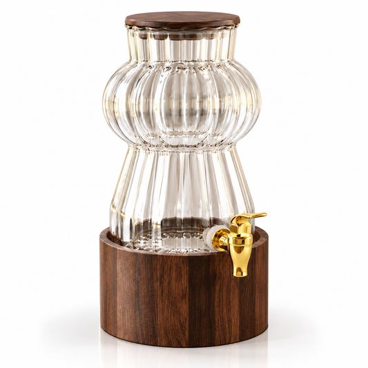 3.2L Ribbed Glass Beverage Dispenser with Wooden Base (Clear)
