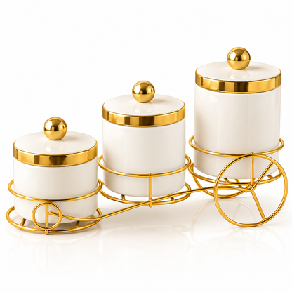 3 Pcs White Ceramic Jars with Golden Stand