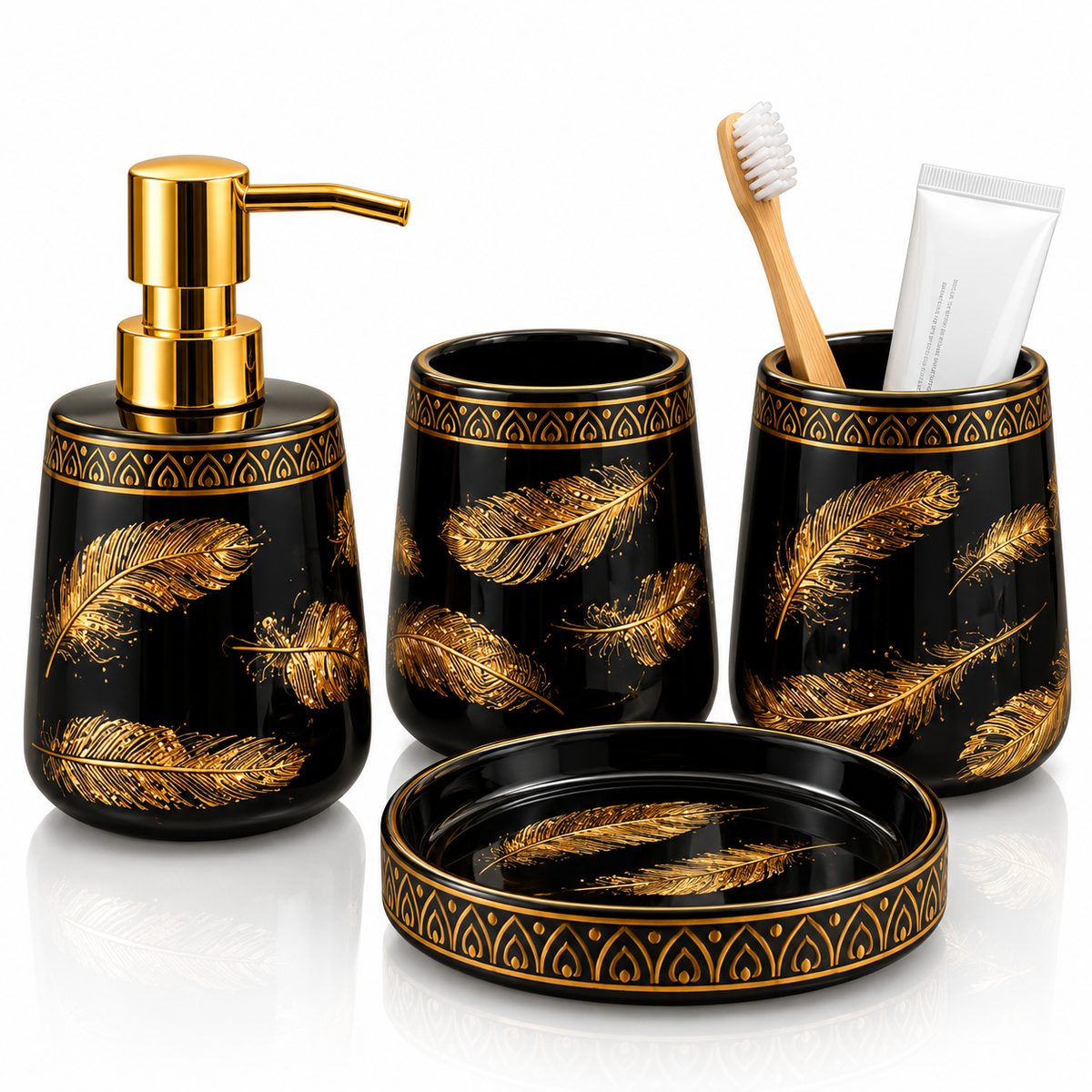 Brilliant Luxury Black Gold Leaf Bathroom Accessory Set