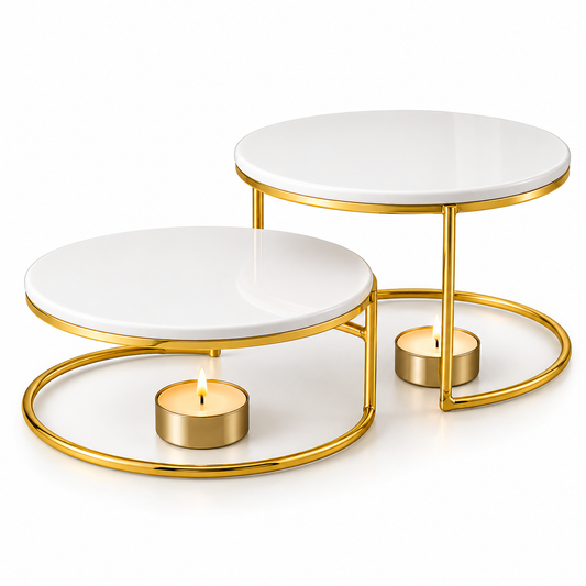 Brilliant 11-Inch Oval Ceramic Serving Plates with Gold Metal Stand & Candle Base