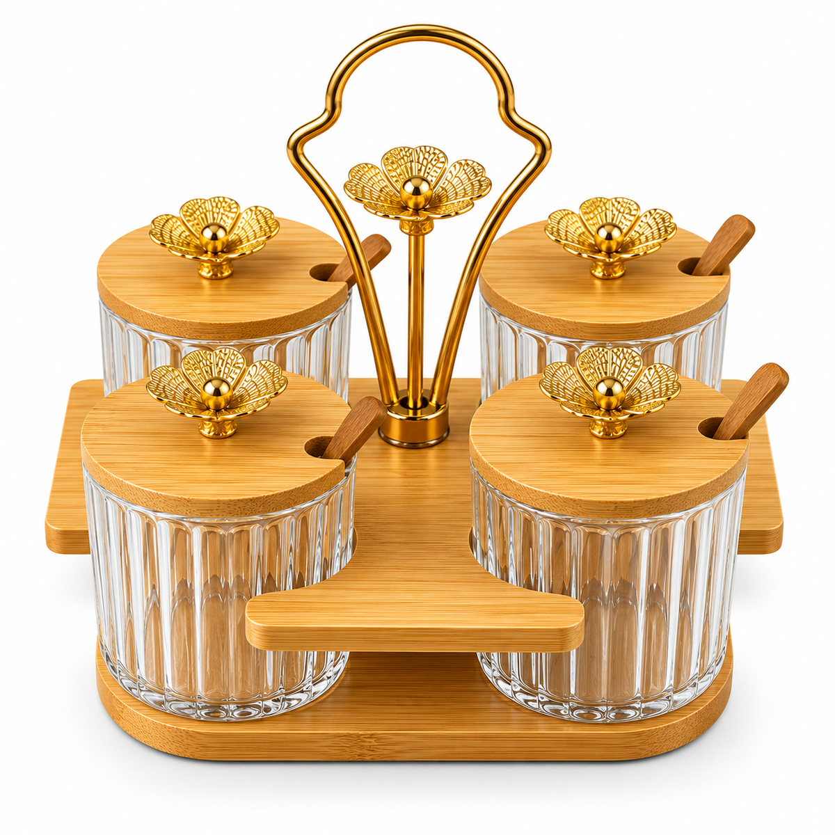 Premium Glass Condiment Jar Set with Wooden Stand