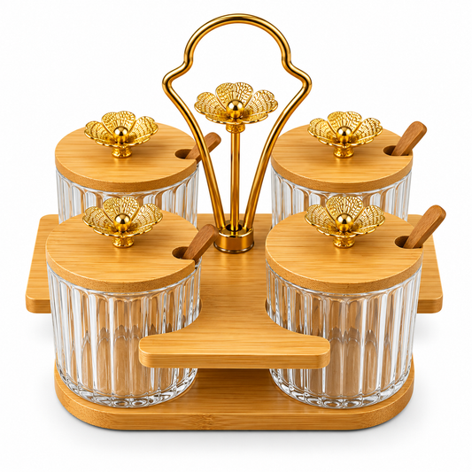 Premium Glass Condiment Jar Set with Wooden Stand