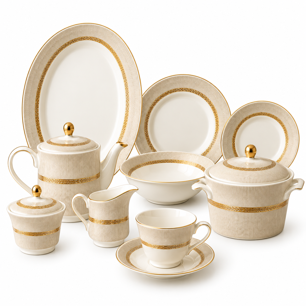 Royal Linen Gold Porcelain Dinner Set – 61 Pieces