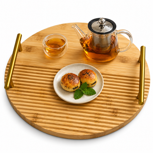 2 Pcs Round Bamboo Serving Tray Set with Gold Handles