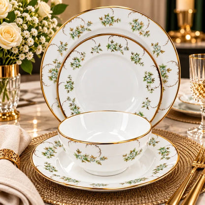 Premium Porcelain 24-Piece Dinner Set for 6 Persons – Elegant Floral & Gold Rim
