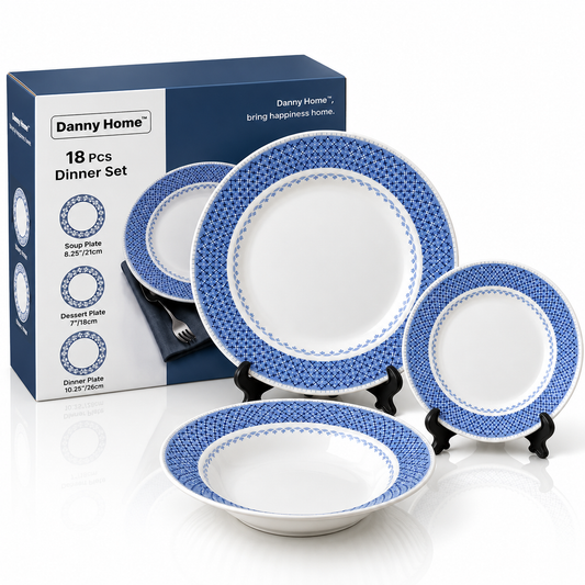 Danny Home 18 Pcs Blue Crosshatch Dinner Set