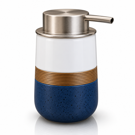Premium Glossy White & Speckled Navy Blue Ceramic Soap Dispenser with Silver Pump