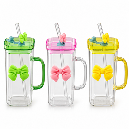 Cute Bow Glass Tumbler with Straw - 380ml