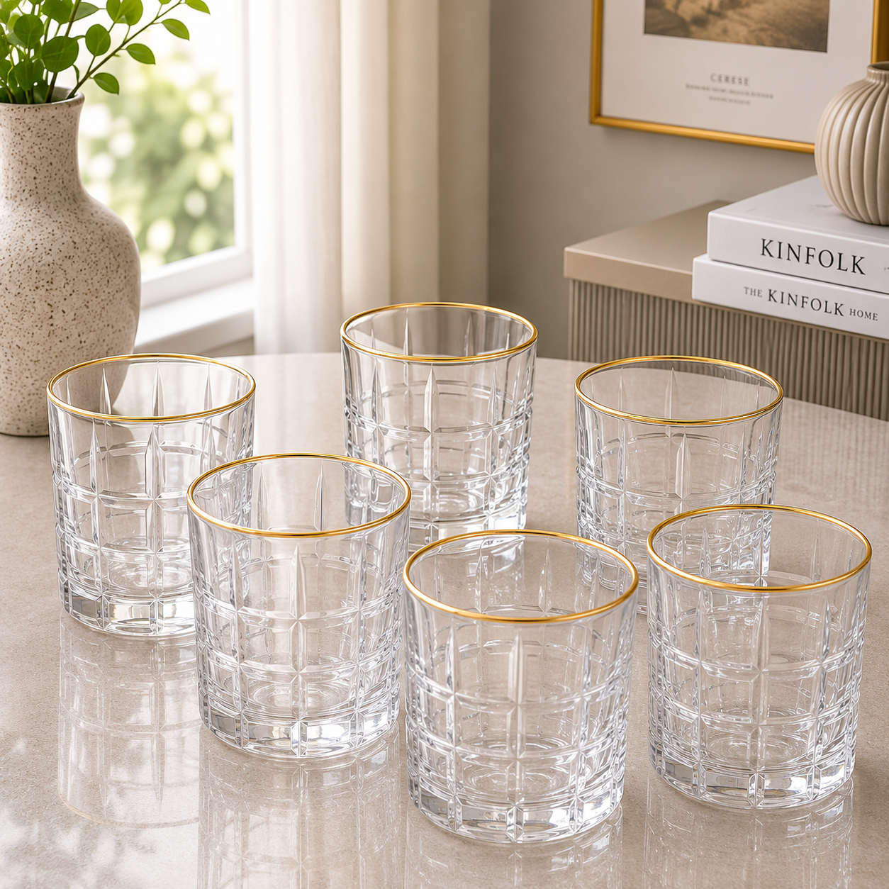 Luxe Gold Rim Grid Crystal Glass Tumbler Set – 6 Pieces