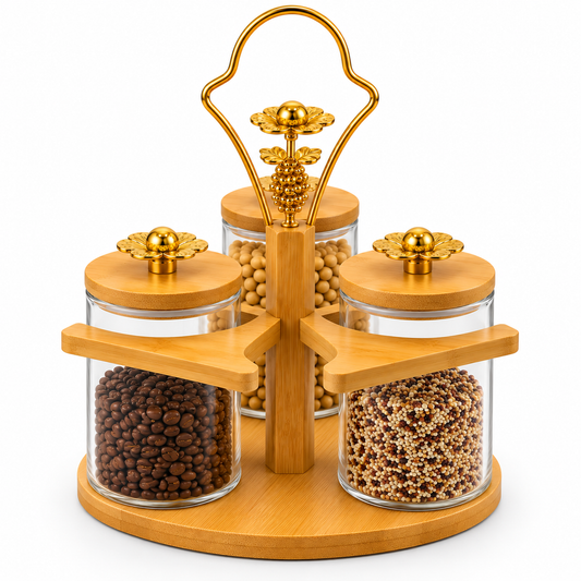 Luxury Glass Storage Jar Trio with Wooden Stand